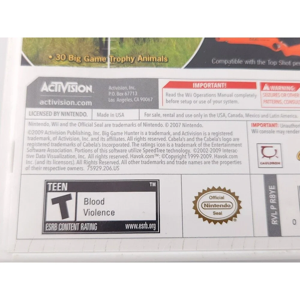 Cabelas Big Game Hunter 2010 Nintendo Wii Game Case Tested Working